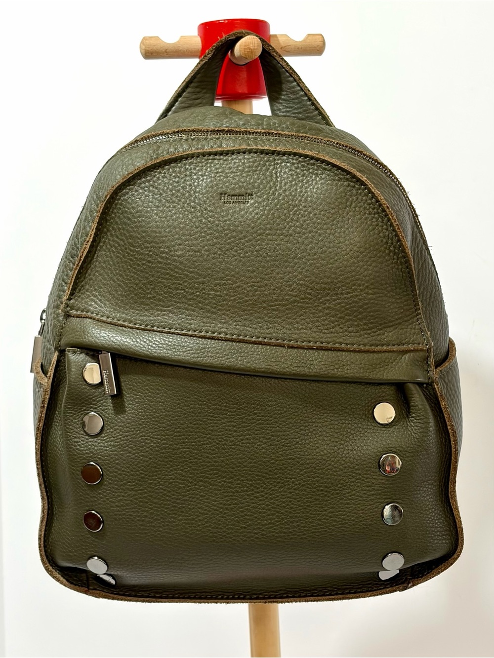 Hammitt  Large Leather Shane Backpack in Olive Green With Gunmetal Hardware
